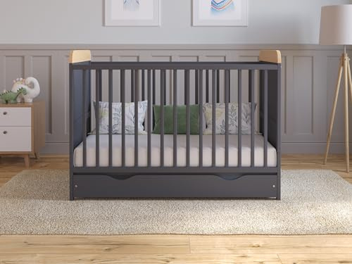 Love For Sleep Babysäng, sidosäng, 120 x 60 cm med låda och madrass – barnsäng, trä, antracittall, babysäng komplett set – barnsäng, som växer med spjälsäng