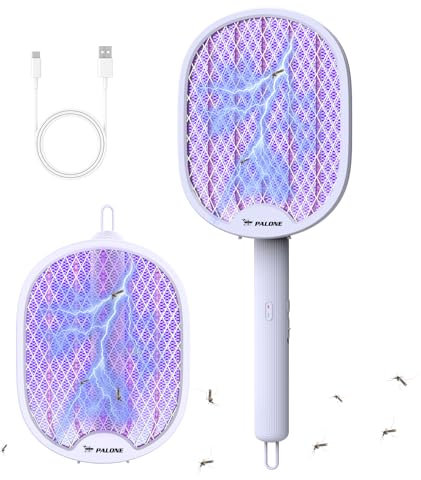 PALONE Racchetta Zanzare Elettrica 4000V, Lampada UV Antizanzare 2 in 1, Trappola per Insetti USB Ricaricabile, Repellente Zanzare per Interno Esterno, Pieghevole per Casa, Giardino e Viaggi