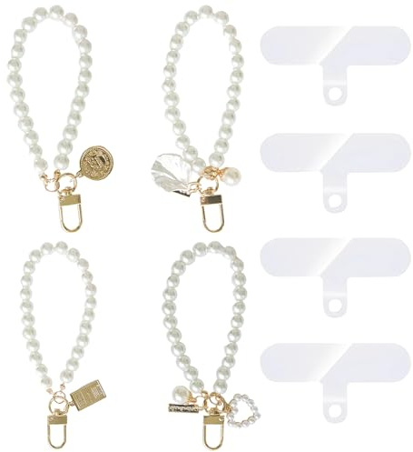 TenaLucy 4 Pièces Chaine Telephone Portable,Chaine de Telephone Cordon Telephone Portable Anti-Perte Bijoux de Telephone Bracelet Telephone avec 4 Patchs Arrière Dragonne de Téléphone Portable Perlée