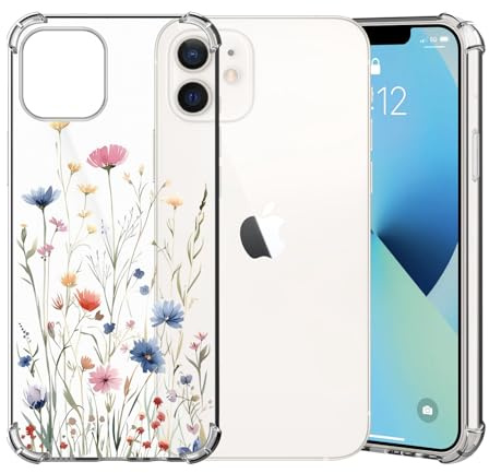 ChoosEU Transparent Hülle für iPhone 12/12 Pro Weich TPU Silikon Case mit Blume Muster Motiv für Mädchen Frauen Dünne Handyhülle Stoßfeste Airbag Schutzhülle Durchsichtig Cover - Blau Rosa
