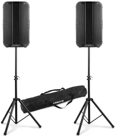 Vonyx VD712A PA Lautsprecher Aktiv 1600 Watt - 2er Set inkl. Stativ, Bluetooth Lautsprecher Groß mit DSP, DJ Boxen, PA Anlage Komplettset, Aktivboxen - Musikbox Groß mit TWS