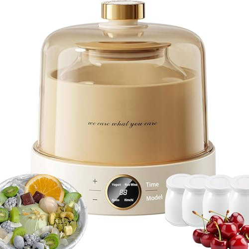 Yogurt Maker, 15W Yogurt Maker Machine with Adjustable 8~12H Timer and Constant Temperature Control, 4*Glass Cup, Glass/Stainless Steel Yoghurt Maker with LED Touch Panel for Home, Natto Maker Glass