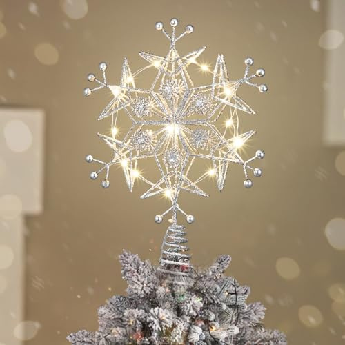 Luxspire Puntale per Albero di Natale, Puntale Luminato con Spina USB e Telecomando, Fiocco di Neve in Metallo da 9,5, Decorazioni Luminose Vintage e Moderne per Albero e Feste in Casa