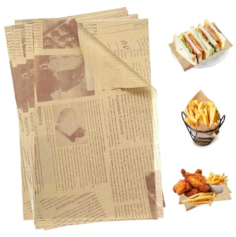 XJLyaya 100 Stücke Backpapier Zeitungsoptik, 20 * 30 Cm Burger Papier, Käsepapier, Butterbrotpapier, Backpapier Bedruckt, für Burger, Butterbrot, Käse, Pommes，kuchen, Sandwich, Frites