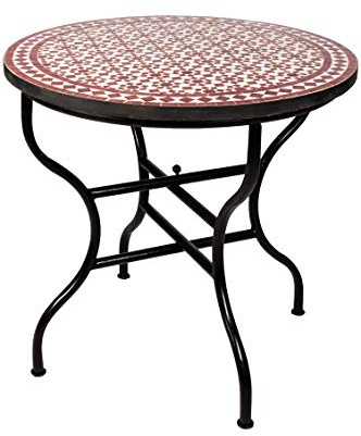 Marokkanischer Mosaiktisch Albaicín Bordeaux Natur Ø100cm | handgefertigter Esstisch aus Schmiedeeisen & Mosaik | orientalisch mediterraner Gartentisch | Boho Wohn- & Terrassentisch