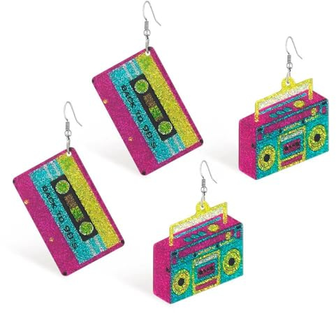 YZROHYI Lot de 2 Paires Boucles D'Oreilles Cassette,Neon Boucles D'Oreilles Rétro,Boucle d Oreille Carnaval,Vintage Boucl Oreilles Années 80 90,Radio Party Boucle Oreille Femme Acrylique pour Fête