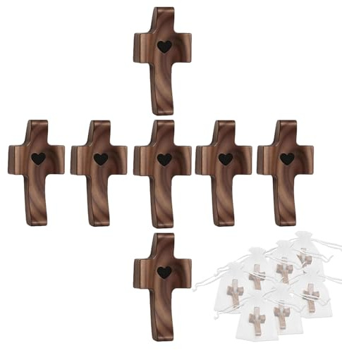 Embhlitfe 7Pcs Wooden Crosses Handheld with 7 White Organza Bags, Cross My Heart Hand-Held Walnut Crosses, Small Wooden Cross for Stress Relief, Prayer & Christian Gifts
