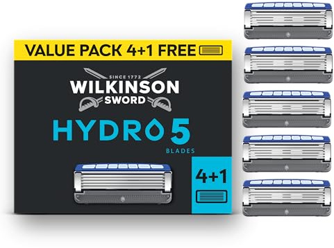 Wilkinson Sword Hydro 5 Herrenrasierer Klinge, Herrenrasierer Ersatzklingen-Pack, Haut-Hydratation, karbonbeschichtete Klingen, 4 Ersatzklingen plus 1 gratis