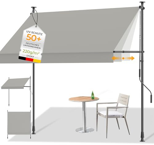 HOMEDEMO Klemmmarkise mit Einstellbare Handkurbel, Balkonmarkise ohne Bohren, Markise Sonnenschutz, UV-beständig & höhenverstellbar für Outdoor, Terrasse, Balkon, Garten, Hellgrau, 400 x 125-150 cm