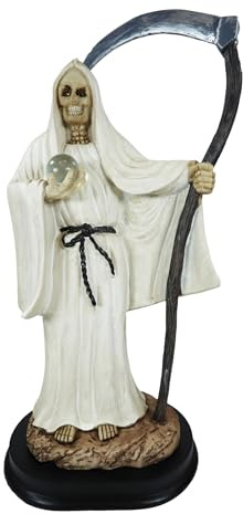 Ebros Gift Large 16.75 Tall Holy Death Santa Muerte Holding Scythe, Glass Globe with Scales of Justice and Owl in Tunic Robe Statue Day of The Dead Bone Mother Decorative Figurine (White)