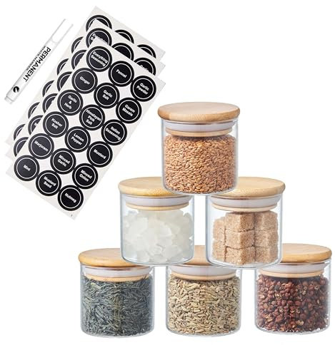 ORNAMI Small Glass Food Jar with Natural Bamboo Lid and Silicone Ring for Airtight Sealing, Little Clear Canister Jar for Kitchen Storage, for Grains, Seeds, Salt, Pepper, Spices - Set of 6 (150ml)