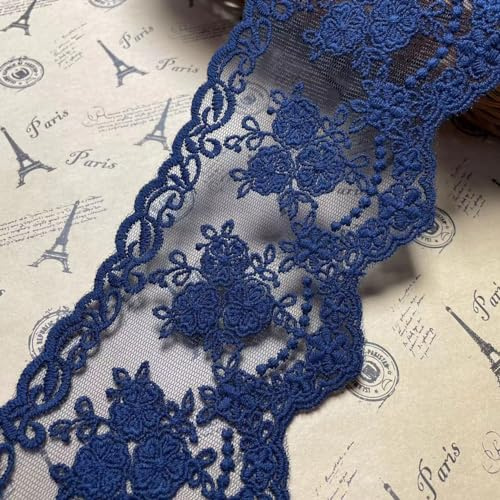 Ajuste de encaje de bordado inelástico con Patrón de Crown en 8 cm de ancho Cortina, Manteles, Funda que se puede quitar, Ropa de bricolaje nupcial/Accesorios (2 yardas en un paquete) (azul marino)