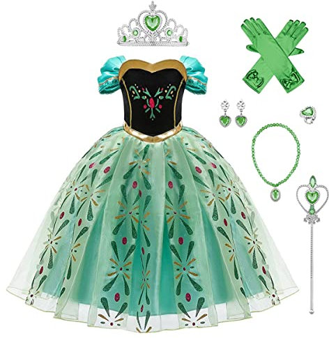 IWEMEK Mädchen Eiskönigin Kostüm Kinder Prinzessin Anna Kleid mit Zubehör Cosplay Karneval Verkleidung Halloween Partykleid Weihnachten Geburtstags Festkleid Kleidungsset Outfits Grün Set 5-6 Jahre