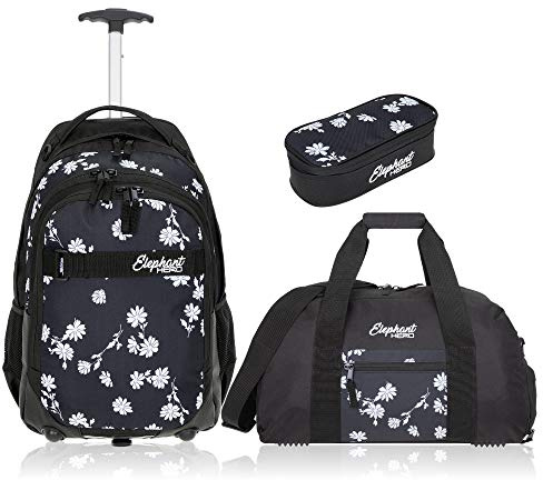 Elephant 3 Teile Set Trolley Schultrolley Rucksack 12843 Black Flower TSM | Schultrolley Schulranzen Trolly Jungen Mädchen Rucksacktrolley Box Schulsporttasche Rcsack mit Rollen Schultasche