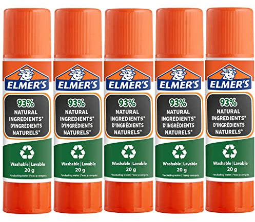 Elmer's ökologische Klebestifte | 93 % natürliche Inhaltsstoffe | perfekt für Schule und Bastelarbeiten | auswaschbar und kinderfreundlich | 20 g | 5 Stück