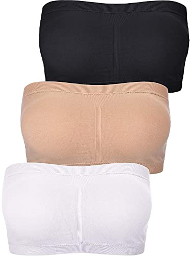 Geyoga 3 Pieces Women's Bandeau Bras Strapless Bralettes Non Padded Stretchy Soft Tube Top for Lounge Sleep(M,White, Black, Nude Color)