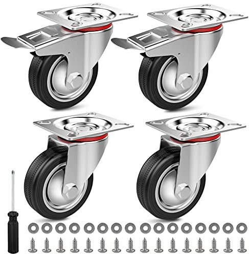 OMECO 4 Stück Transportrollen 75mm mit Bremsen Schwerlastrollen Outdoor Gummiräder 360 Rotationsgrad 200KG/Set Gummi Rollen für möbel Tragfähigkeit Palettenmöbel Industrietransport Blumentopf Schwarz