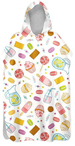 Treer Badeponcho Strand Poncho Strandtücher Handtuch, Poncho mit Kapuze Schnelltrockend Dessert Kuchen Süssigkeit Drucken Bademantel Badetuch Duschtücher Für Wassersport (Weiß,80x145cm)