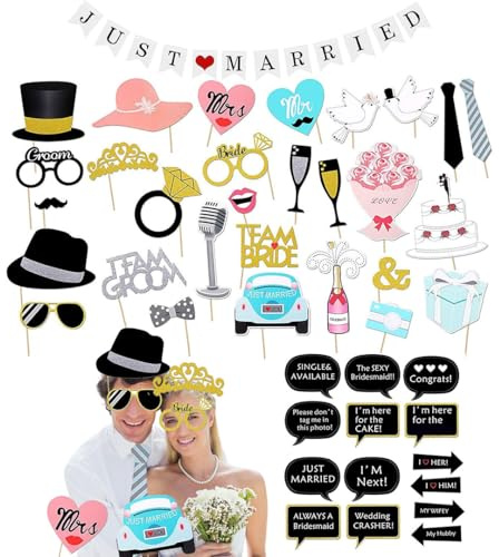 53 Stück Fotobooth-Requisiten Hochzeit Foto Zubehör | Mit Banner, Einfache Montage, Lustige Motive Für Kreative Fotos, Sorgt Für Spaß Und Unvergessliche Momente Bei Feiern
