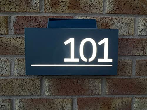 One of a Kind Design UK Personalised Contemporary Solar Light House Sign 305x155MM Rectangular House Sign LED Illuminated Personalised Address Number Plate UV Stable - Black