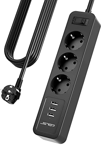 JSVER Steckdosenleiste USB Steckdosenadapter 3 Fach mit 3 USB Ladeanschlüsse Mehrfachsteckdose Wandmontage (3680W) mit 5M Kabel für Smartphones Tablets -Schwarz