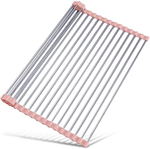 Tomorotec Escurridor de Platos Enrollable, para Colocar sobre el Fregadero, Accesorios para Fregadero de Cocina, Organizador Multiusos, escurridor Plegable de Acero Inoxidable 45x32 cm,Rosa