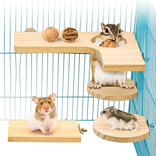 4 teiliges Hamster Zubehör Set, Kleintier Plattform Naturholz Hamster Spielzeug für den Käfig für Meerschweinchen Chinchilla Ratten wellensittich inkl. L-Sprungbrett Runde Rechteck