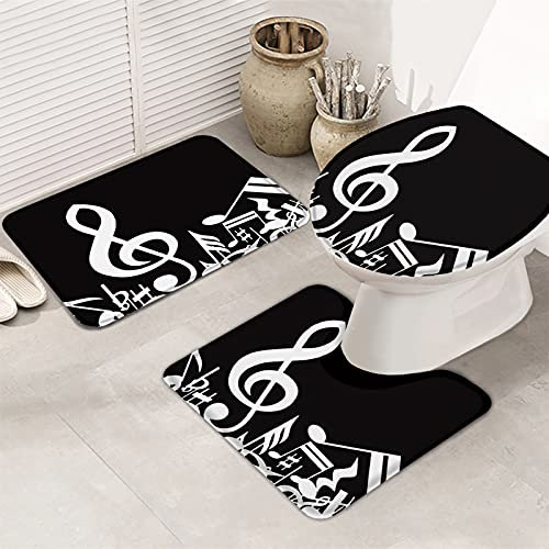 Set 3Tlg Badematten Weiße Musiknote, Minimalistisch, Kontrahiert, Abstrakt, Schwarz Waschbar Kontur Badteppich Anti-Rutsch Toilettensitzbezug Badgarnitur Matte