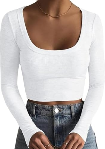 TrendiMax Damen Langarmshirt Crop Tops Basic T-Shirt Slim Fit Sexy Oberteile Casual Rundhals Tee Shirt Bauchfrei Langarm Pullover, Weiß, M