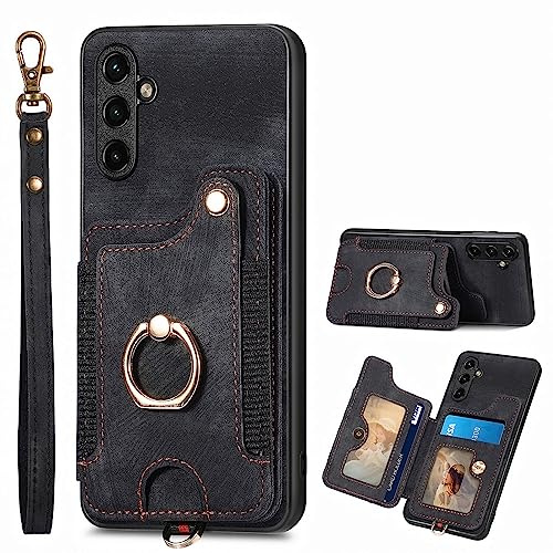 Wuhaizher Samsung A15 5G / 4G Case RFID Blocking with Ring Holder 360 Degree Rotation Stand Phone Wallet Case for Men Women Girls with 5 Card Holder Slots Shockproof Cover for Galaxy A15, Black