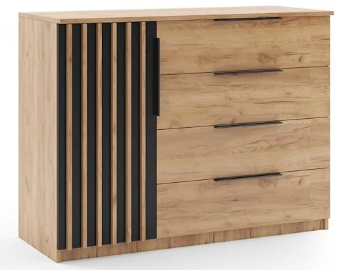 BM-Möbel Kommode mit Lamellen Sorento - Moderne Kommode Minimalistisch, Loft-Stil - 120x48x89 cm - Korpus Craft Gold, Fronten Schwarz, Lamellen Craft Gold