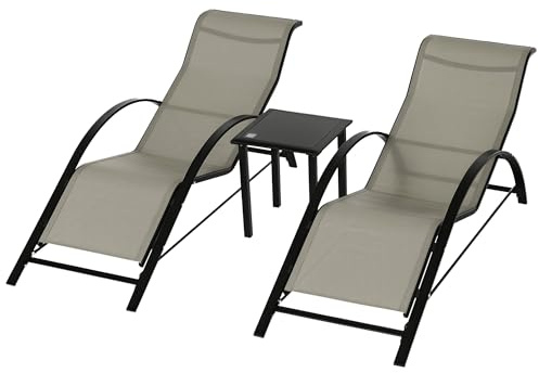 Outsunny Gartenliege Set mit Teetisch 59B x 169T x 66H cm Schwarz+Grau | Metall Mesh, 3-TLG., 2 Sonnenliegen, 1 Beistelltisch, Gartengarnitur, Gartensitzgruppe für Garten, Balkon