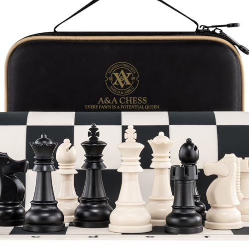 A&A Chess Set - 15''x15'' Foldable Silicone Chessboard and 3.25'' King Height Weighted Plastic Chess Pieces with Carrying Case for Portable Travel