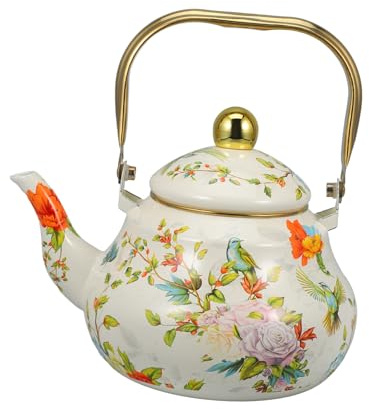 FUNOMOCYA Bollitore Vintage Smalto Da per Piano Cottura Teiera Decorativa con Manico e Design Floreale per Tè e Calda Teiera Cinese Retro