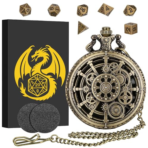 Mini DND Dice Set with Steampunk Hollow Gear Pocket Watch Shell Case, 7pcs Polyhedral Metal D&D Dice Set, DND Gifts with Gift Box, Role Playing Board Games Accessories, Bronze