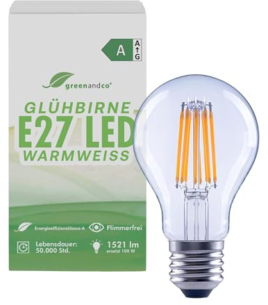 greenandco Lampadina a filamento LED | trasparente | E27 A60 | 7,2 W 1521 lm | sostituisce 100 W | 3000 K bianco caldo | 320° | 230 V | senza sfarfallio | Classe energetica A | non dimmerabile
