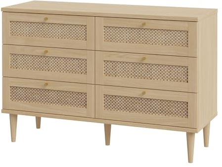 Forte CALASETTA Kommode 120, Kommode im Boho-Stil mit Wiener Geflecht, Sideboard mit 6 Schubladen, Holzdekor: Elegancia Eiche/Technorattan, 120 cm breit x 80 cm hoch x 41 cm tief