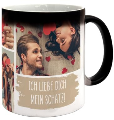 Herz & Heim® Magic Tasse mit Thermoeffekt, personalisiert mit Ihren 4 Fotos und Wunschtext