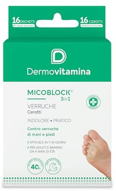 Cerotti Verruche - Verruche Rimozione - Mani e Piedi - Acido Salicilico Verruche - Indolore e Pratico - Adulti e Bambini 4+ - Confezione da 16 Cerotti e 16 Dischetti - Dermovitamina Micoblock 3in1