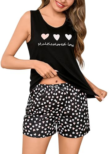 Bresdk Pijama Mujer Verano Corto Algodón Ligeros Camiseta Sin Mangas | Estampada y Pantalones Cortos 2 Piezas