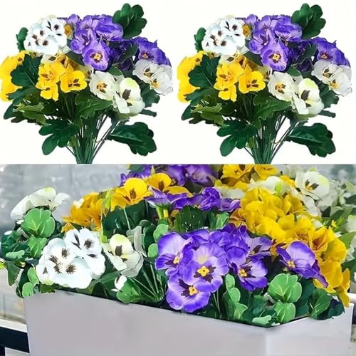 NatureMan 6 Bundles Artificial Pansies Flowers Outdoor UV resistant artificial Wild Flower Daisy for outdoor windowsill box porch home garden wedding farmhouse decoration (White, yellow, purple)