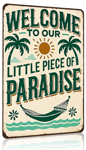 FunnySign Welcome to Our Little Piece of Paradise Vintage Tin Sign for Outdoor Porch Patio Garden Bar Decor 8x12 Inch(3991)