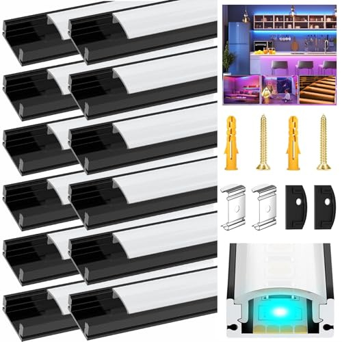 Schwarz LED Streifen Profil, 12 Pack 1m/3.3FT Aluminium Kanal Schwarz Schiene Eckprofil mit Milchiger Weißer Abdeckung, Endkappen, Montage Clips für LED Streifen Lichter Diffusor(Kein Led-Streifen)