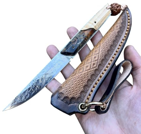 Magnifique Petit Couteau Lame Fixe Acier Damas Suminagashi Luxe Étui Chasse Collection Japonais Chasse Randonnée Camping Cadeau Homme Découpe Tranchant Full Tang Bushcraft Forgé Artisanat Stabilisé