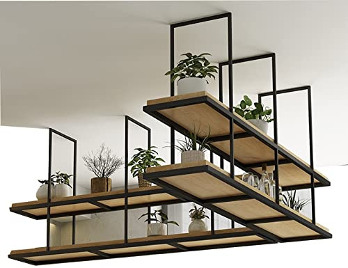Hanging Ceiling Shelf for Kitchen & Bar – 2-Tier Metal Wine Rack, Floating nizer, Wood Storage for Plants & Flower Pots, Modern Ceiling Display Rack.