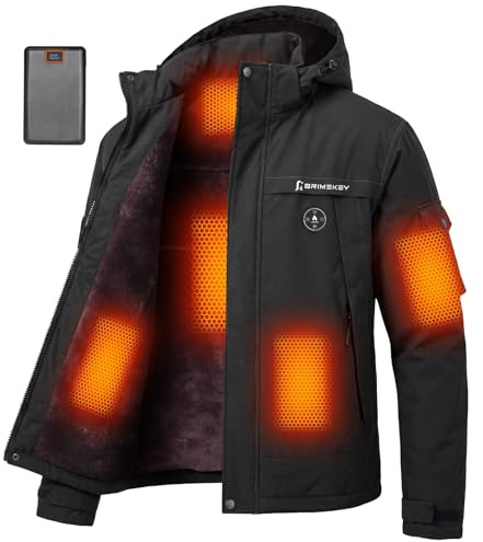Brimekey Graphene Heated Jacket for Men, Fast Charge 20000mAh Large Capacity, Men's Heated Jacket with Fleece Lining, 6 Heating Zones Windproof Waterproof Soft Shell Hoodie Jackets Skiing Hunting