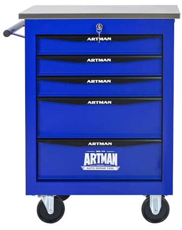 LULUINSHINE 5 Drawers Multifunctional Tool Cart with Wheels,Metal Rolling Tool Cart Storage for Garage Workshop Warehouse Repair Shop-with Stainless Steel Roof- Black&Blue