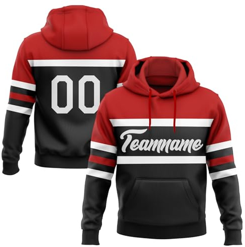 Custom Hockey Hoodies Red White Black Sports Pullover Hooded Sweatshirts for Men Women Youth Boys Girls, Personalized Baseball Team Uniforms Varsity Practice Jersey Hoodies Stitched Name Number Logo