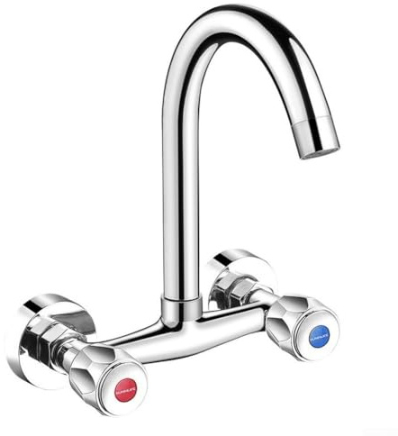 Grifo de cocina montado en la pared de cobre, con mezclador de agua fría y caliente, grifo de fregadero moderno de doble manija, boquilla giratoria de 360° (A)