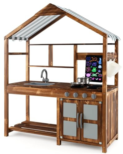 GYMAX Kids Mud Kitchen, Wooden Toy Kitchen with Canopy, Stoves, Chalkboard, Rotatable Faucet & Removable Sink, Outdoor Play Kitchen for Children Aged 3-7 Years Old | with Canopy, Stoves, Chalkboard, Rotatable Faucet & Removable Sink, Outdoor Play Kitchen for Children Aged 3-7 Years Old